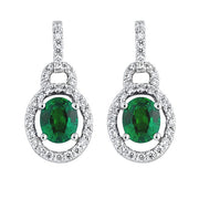 SPARK CREATIONS 18K White Gold Emerald & Diamond Halo Drop Earrings